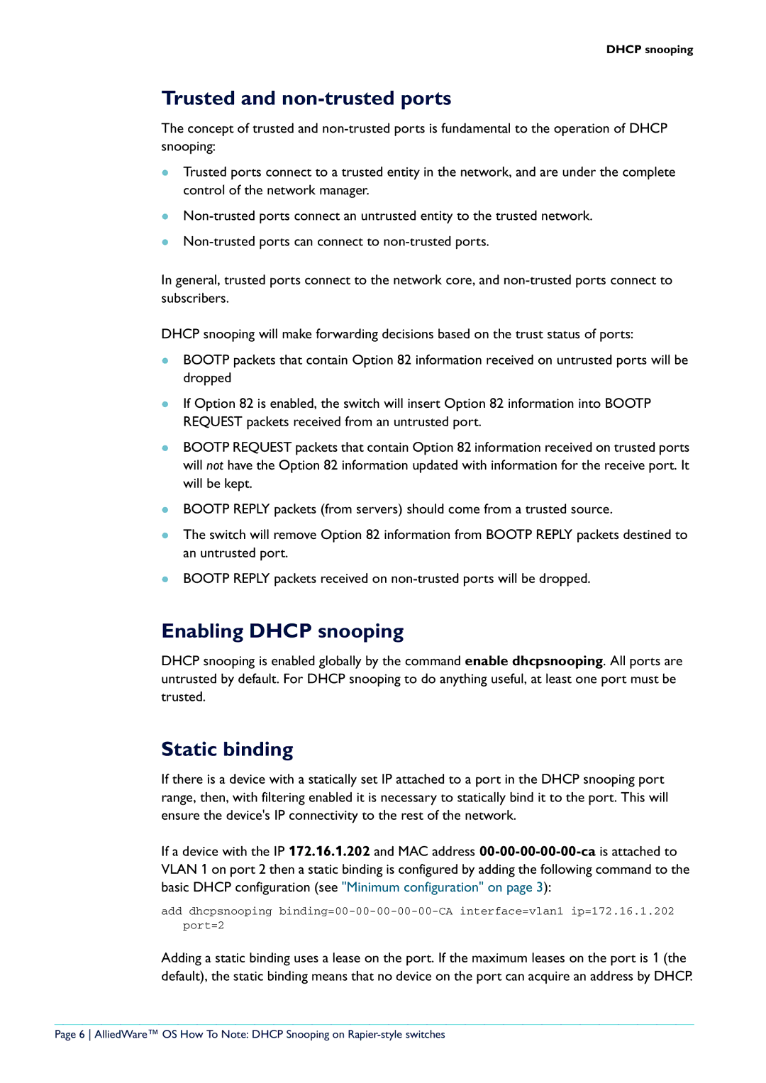 Allied Telesis Rapier i Series, AT-8600 Series manual Trusted and non-trusted ports, Enabling Dhcp snooping, Static binding 