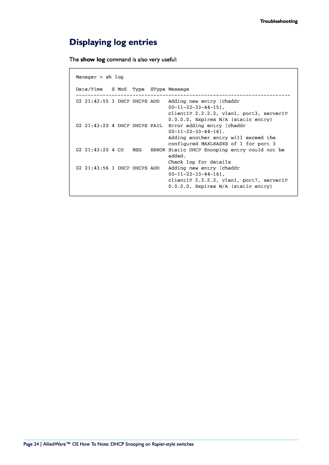 Allied Telesis Rapier i Series manual Displaying log entries, The show log command is also very useful, Troubleshooting 