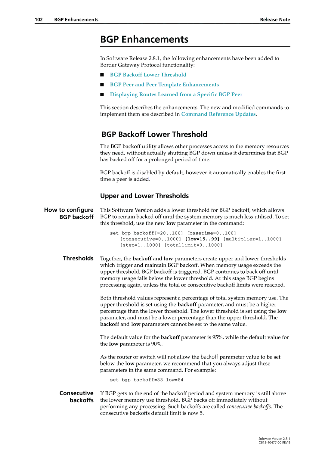 Allied Telesis AT-9800, RAPIER I, X900-48FE manual BGP Enhancements, BGP Backoff Lower Threshold, Upper and Lower Thresholds 