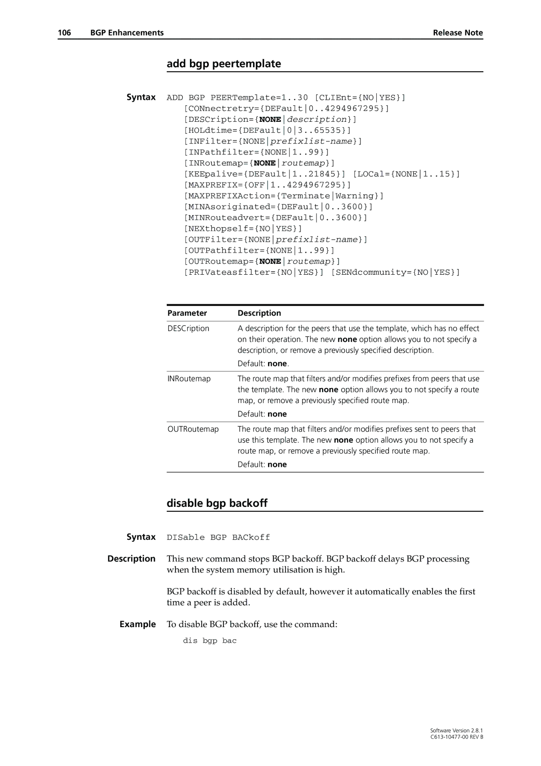 Allied Telesis AT-8900, RAPIER I, X900-48FE, AT-8700XL, AT-9900, AT-8600, AT-9800 Add bgp peertemplate, Disable bgp backoff 