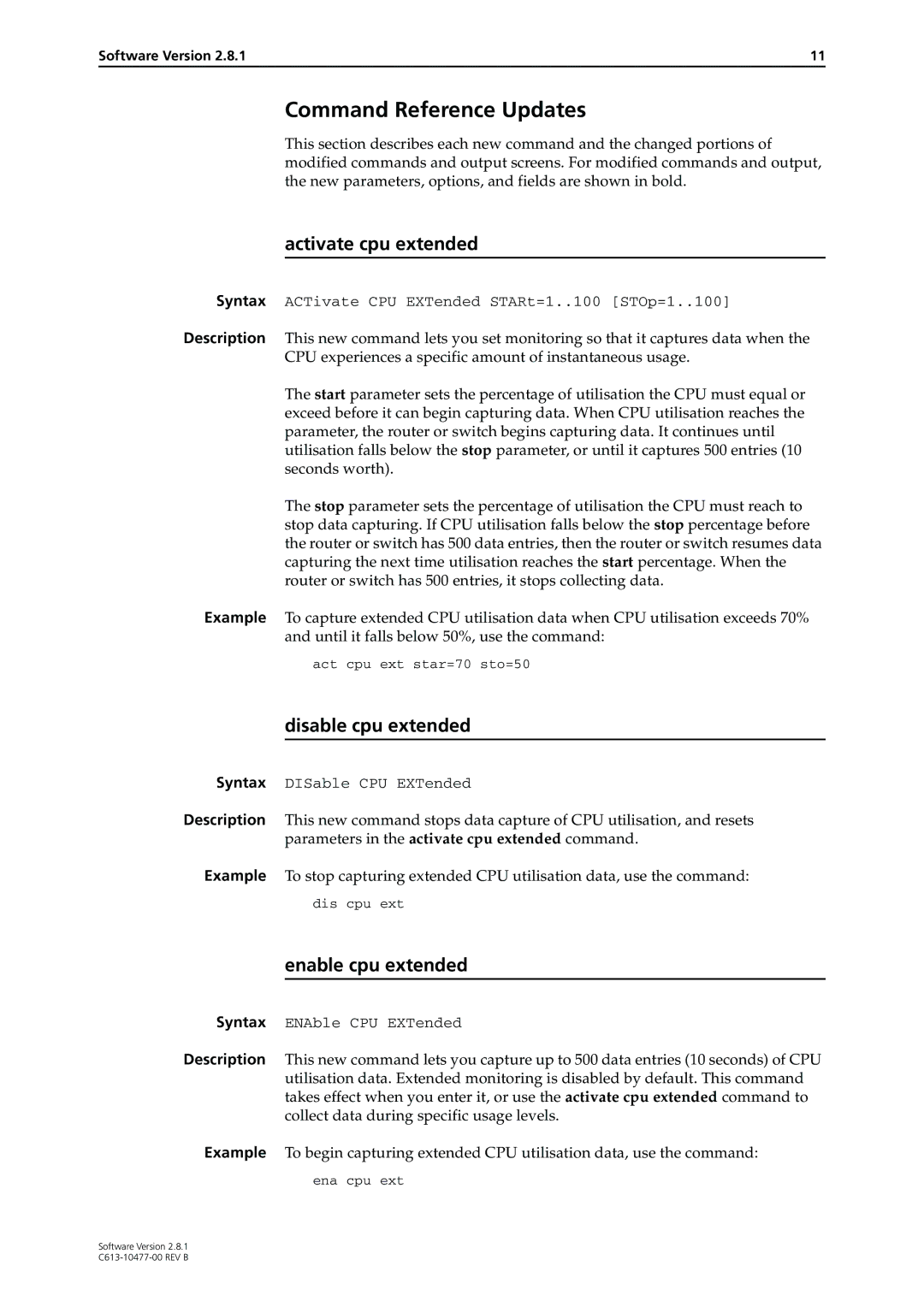 Allied Telesis AT-8700XL manual Command Reference Updates, Activate cpu extended, Disable cpu extended, Enable cpu extended 