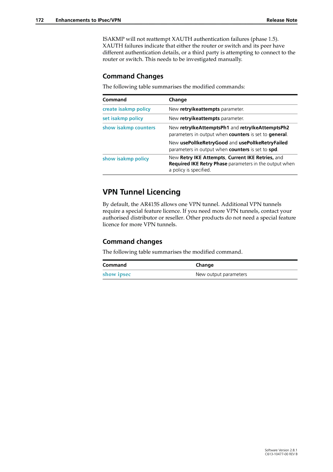 Allied Telesis AT-9900 VPN Tunnel Licencing, New retryikeattempts parameter, New Retry IKE Attempts , Current IKE Retries 