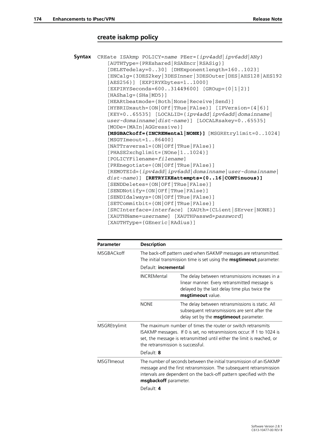 Allied Telesis AT-9800, RAPIER I, AT-8900 Create isakmp policy, Default incremental, Msgtimeout value, Msgbackoff parameter 