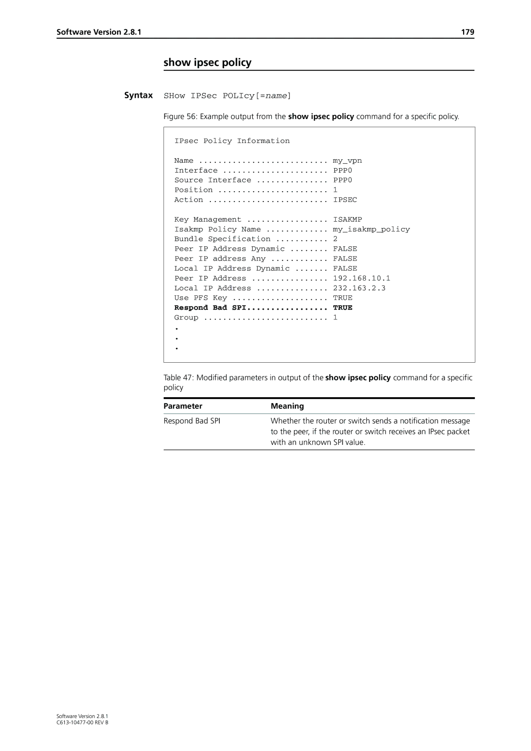 Allied Telesis AT-8700XL, RAPIER I Show ipsec policy, Software Version 179, Respond Bad SPI, With an unknown SPI value 