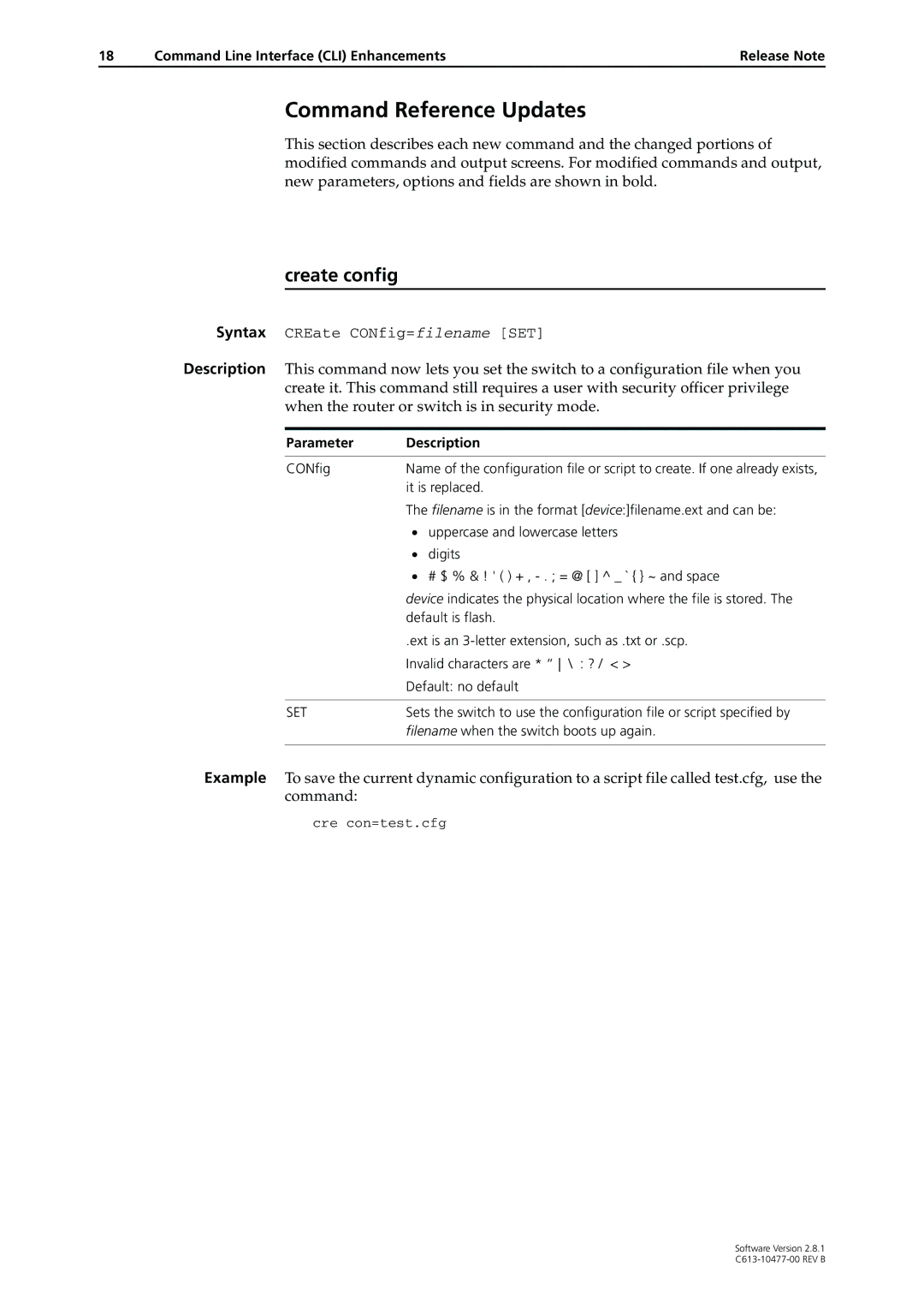 Allied Telesis AT-8900, RAPIER I, X900-48FE Create config, Command Line Interface CLI Enhancements, Parameter Description 