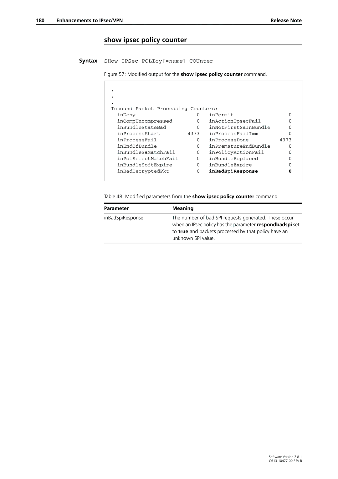 Allied Telesis AT-9900 Show ipsec policy counter, InBadSpiResponse, To true and packets processed by that policy have an 