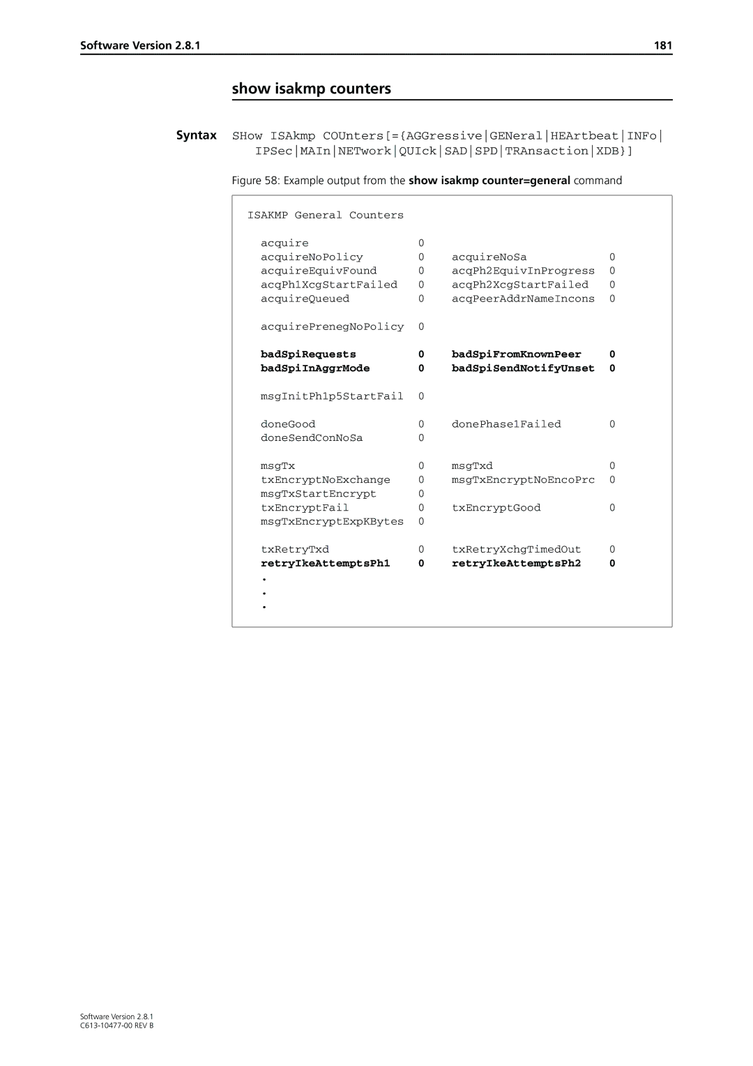 Allied Telesis AT-8600, RAPIER I manual Show isakmp counters, Software Version 181, RetryIkeAttemptsPh1 RetryIkeAttemptsPh2 