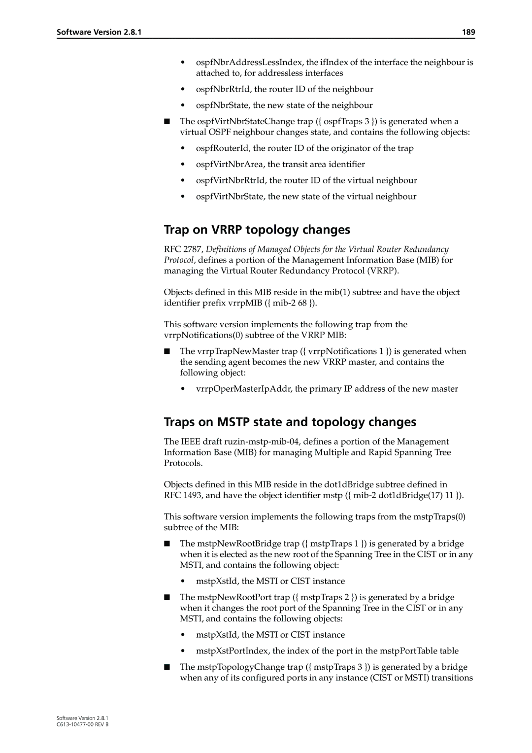 Allied Telesis AT-8600 manual Trap on Vrrp topology changes, Traps on Mstp state and topology changes, Software Version 189 