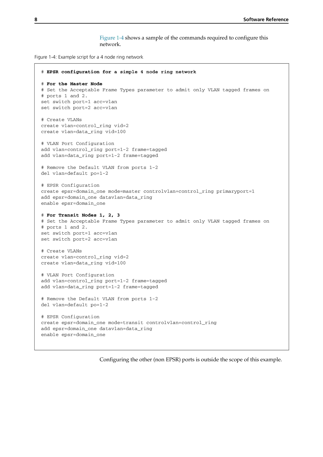 Allied Telesis AT-9800, RAPIER I, X900-48FE, AT-8900 manual Example script for a 4 node ring network, # For Transit Nodes 1, 2 