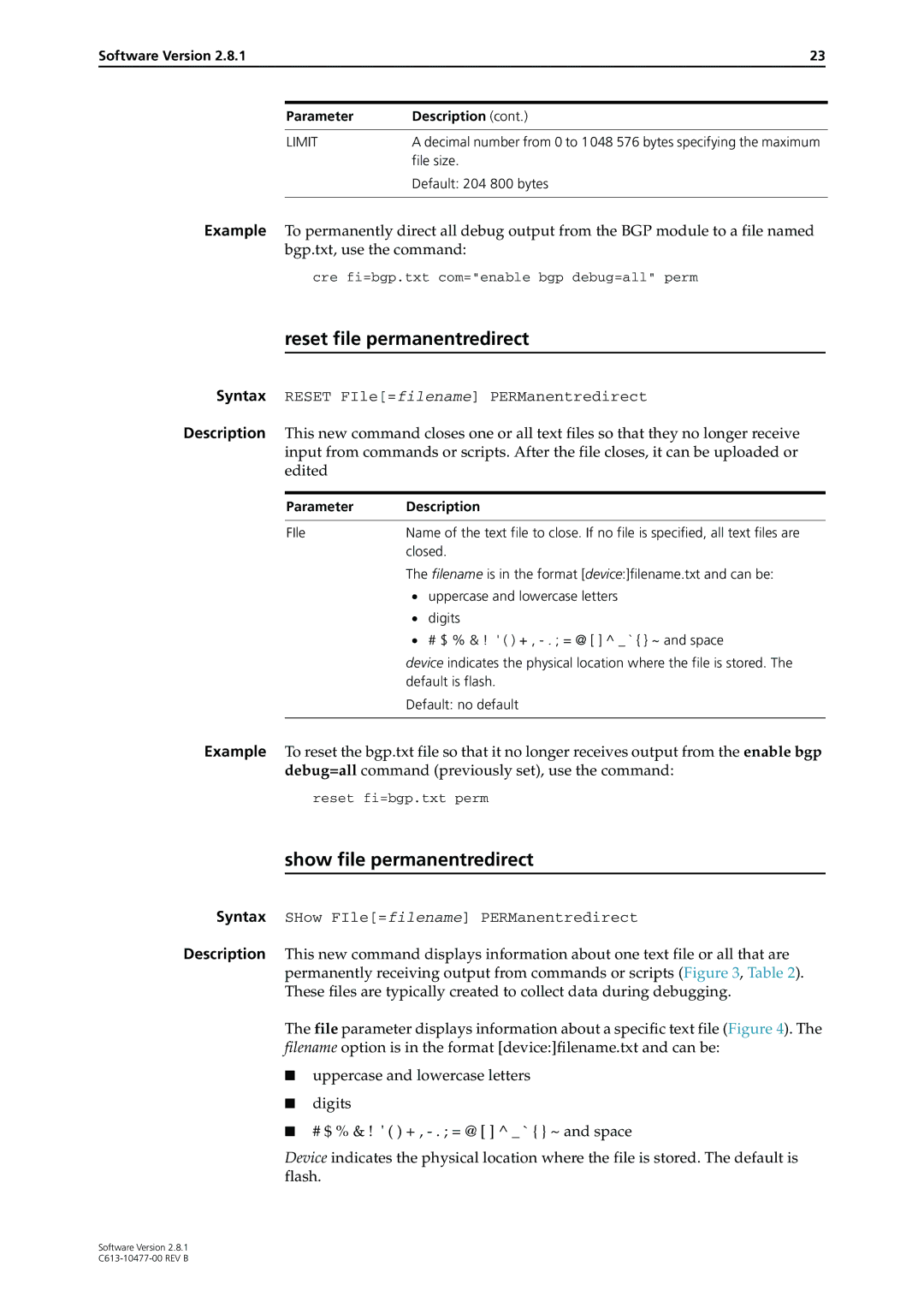 Allied Telesis AT-8800 Reset file permanentredirect, Show file permanentredirect, Software Version Parameter Description 