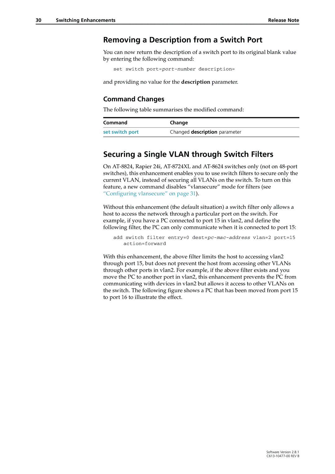 Allied Telesis AT-9800, RAPIER I Removing a Description from a Switch Port, Securing a Single Vlan through Switch Filters 