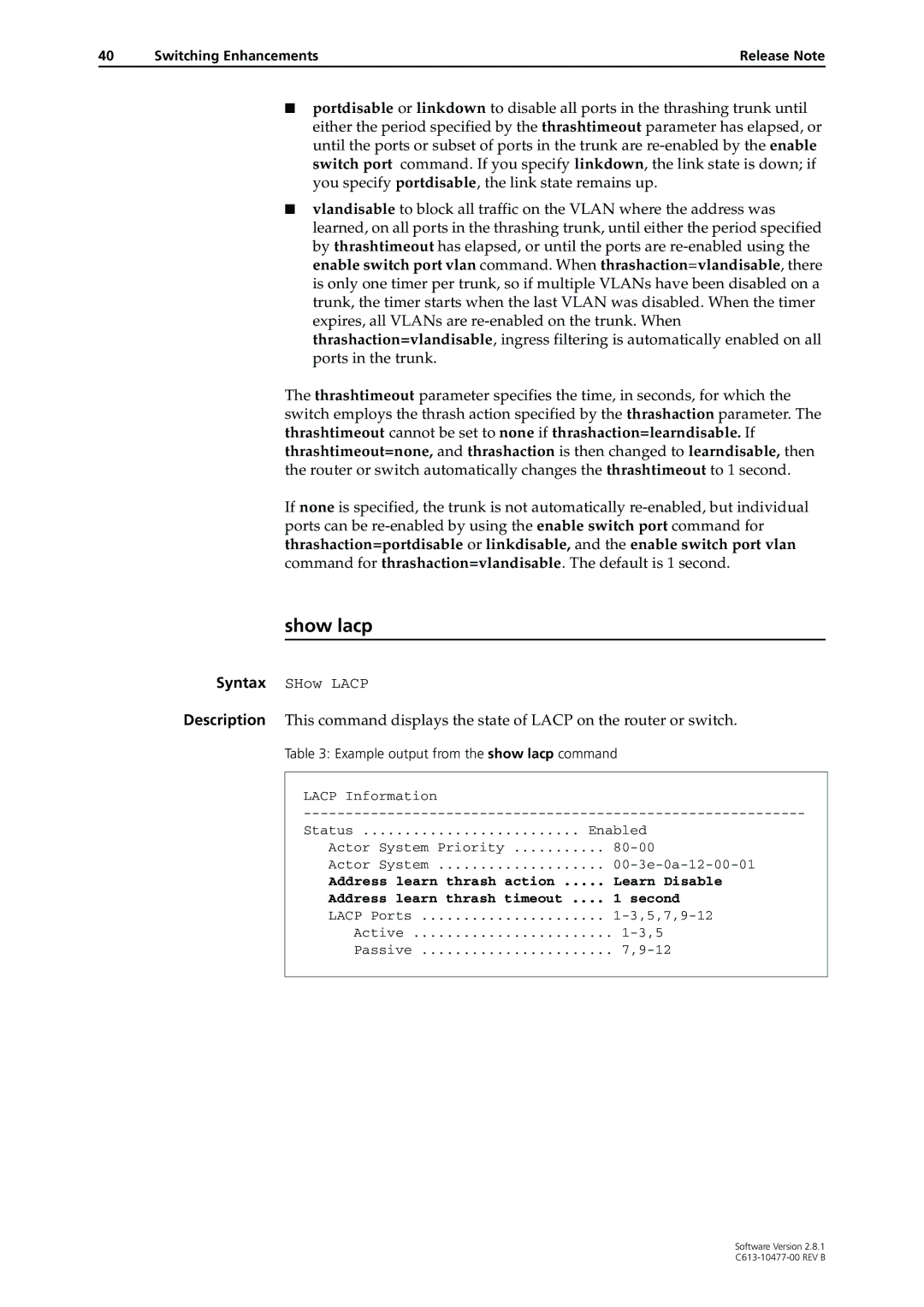 Allied Telesis RAPIER I Show lacp, Example output from the show lacp command, Address learn thrash timeout ... second 