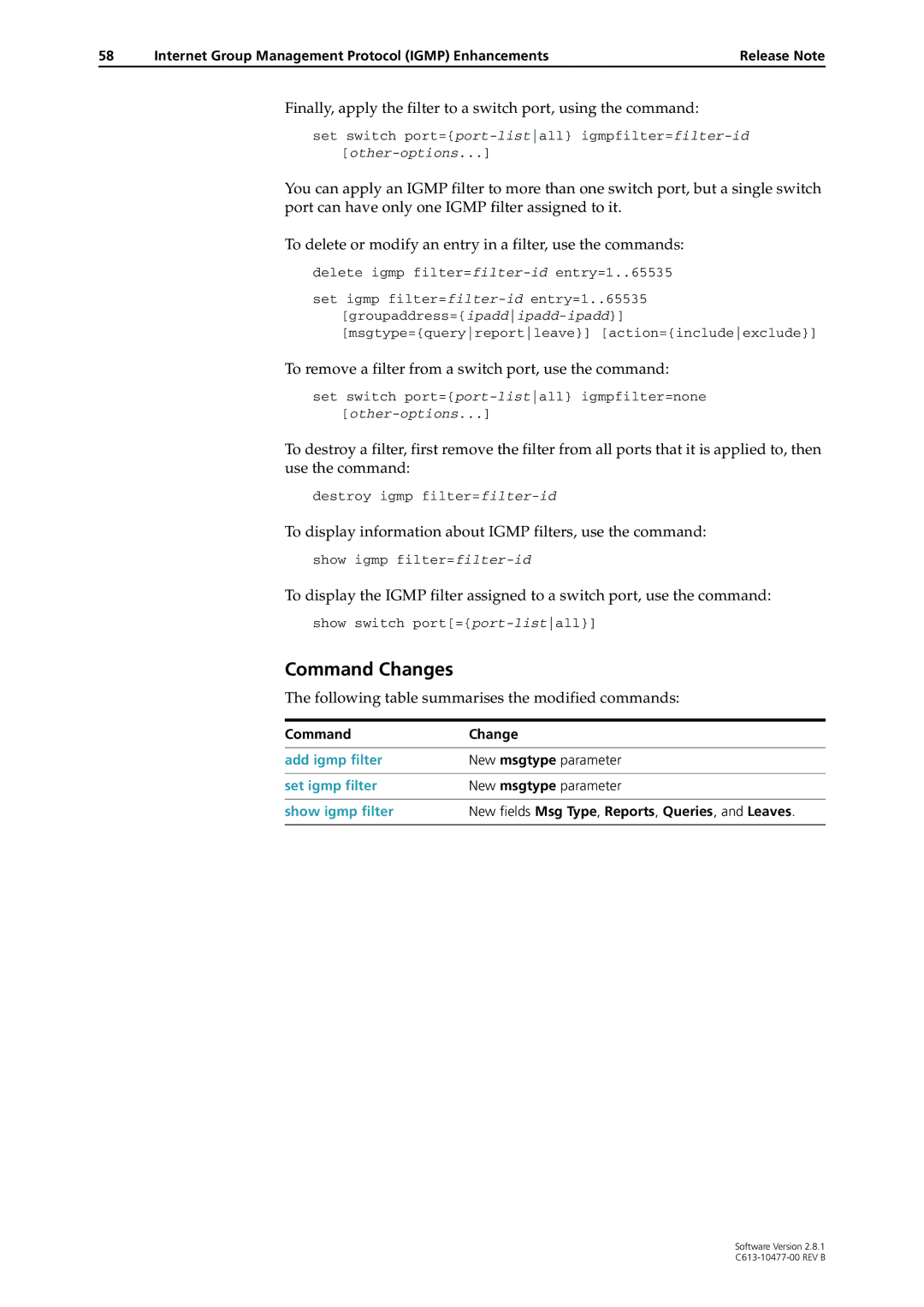 Allied Telesis AT-8900, RAPIER I Internet Group Management Protocol Igmp Enhancements, Add igmp filter, Set igmp filter 