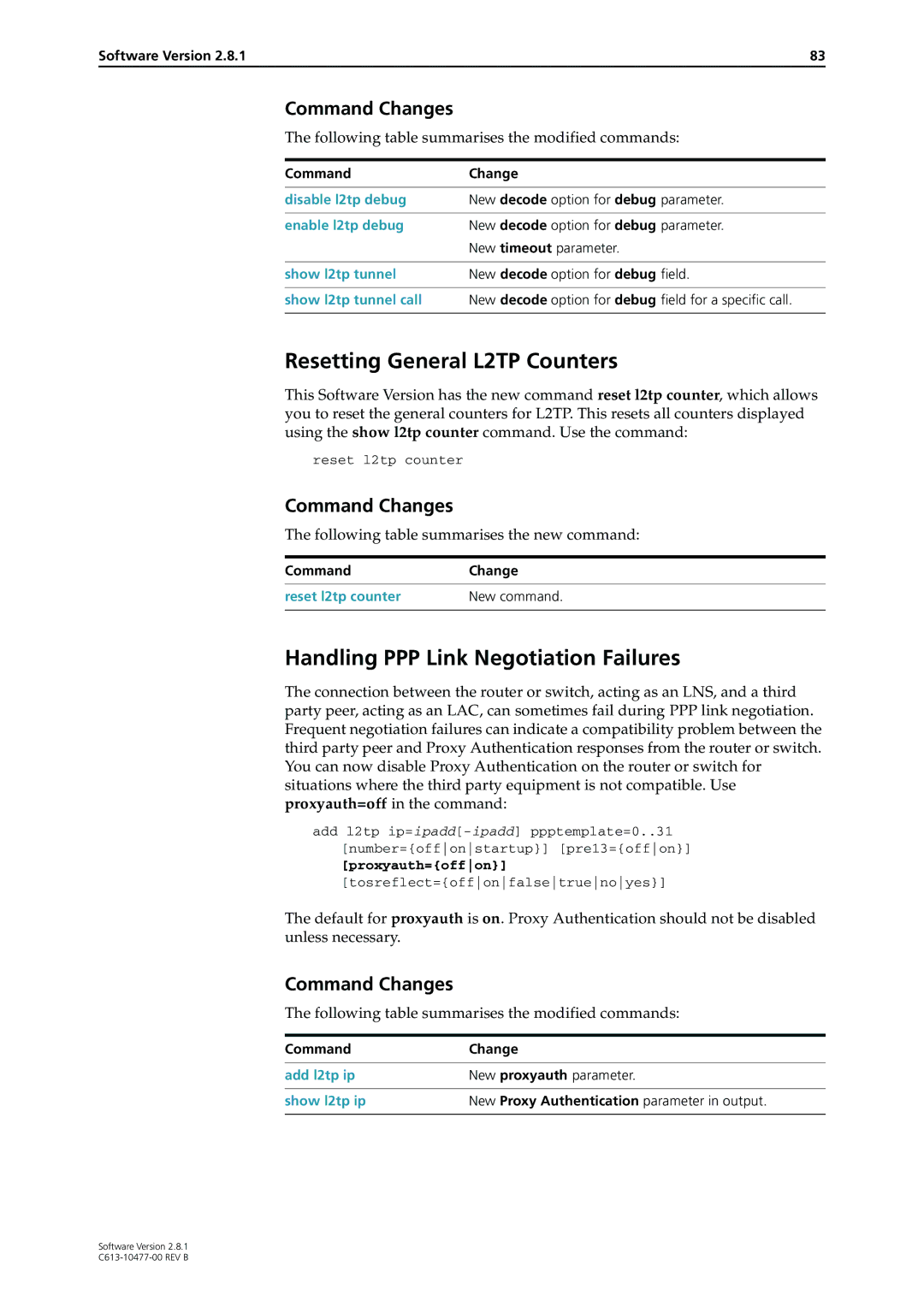 Allied Telesis AT-8700XL, AT-8900 Resetting General L2TP Counters, Handling PPP Link Negotiation Failures, Proxyauth=offon 