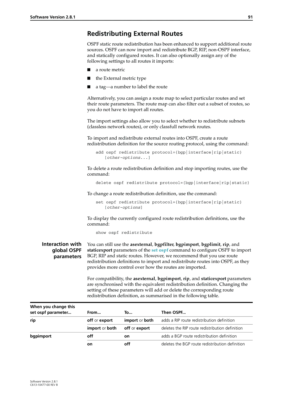 Allied Telesis AT-8700XL, RAPIER I, X900-48FE manual Redistributing External Routes, Interaction with global Ospf parameters 