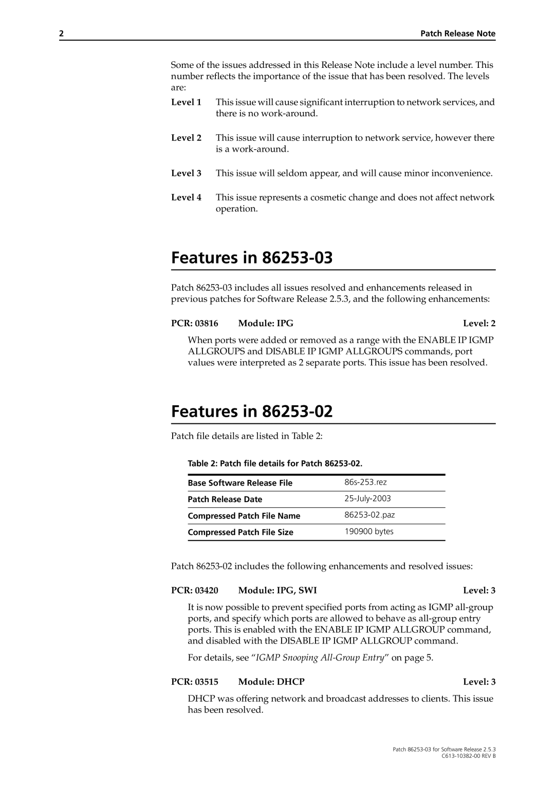 Allied Telesis Rapier Series manual Features, PCR Module IPG Level, PCR Module IPG, SWI Level, PCR 03515 Module Dhcp Level 