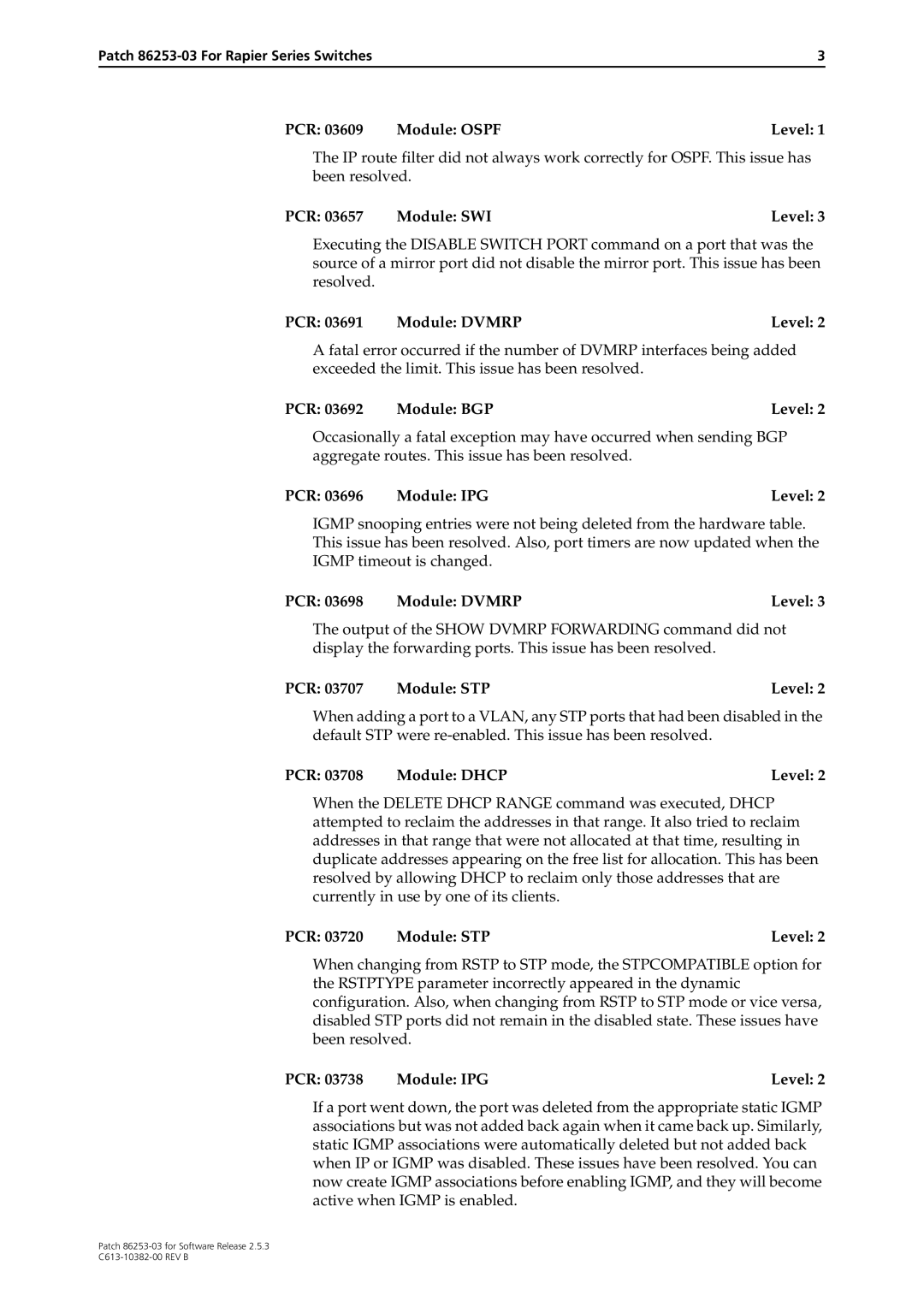 Allied Telesis Rapier Series manual PCR Module Ospf Level, PCR Module SWI Level, PCR 03691 Module Dvmrp Level 