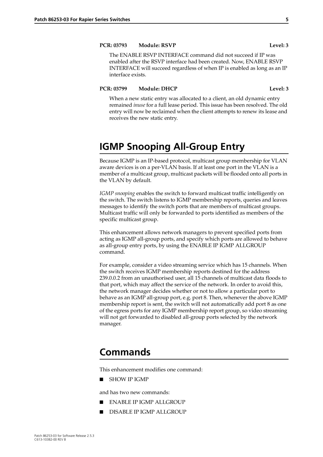 Allied Telesis Rapier Series Igmp Snooping All-Group Entry, Commands, PCR Module Rsvp Level, PCR 03799 Module Dhcp Level 