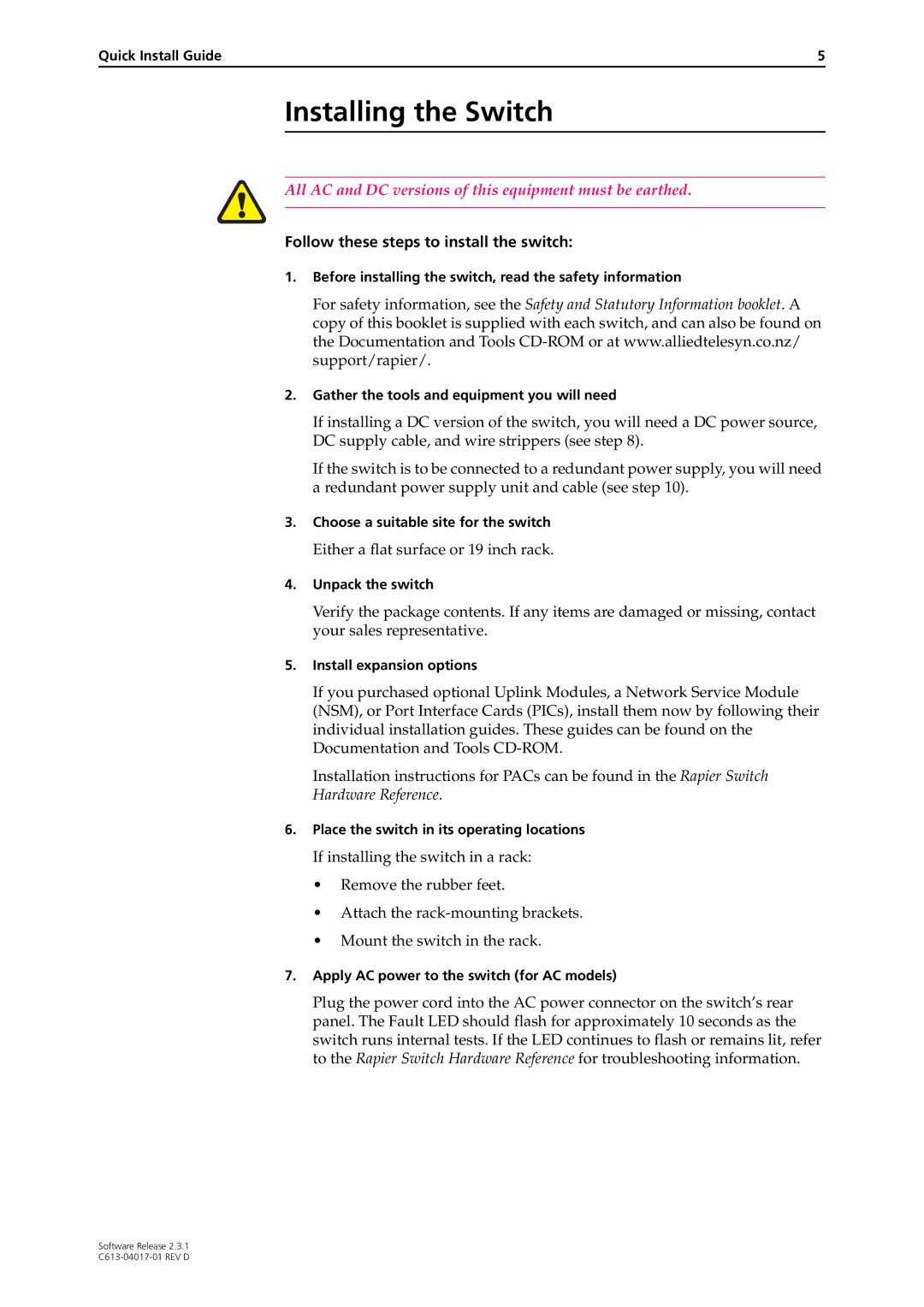 Allied Telesis Rapier Switch manual Installing the Switch, Follow these steps to install the switch 