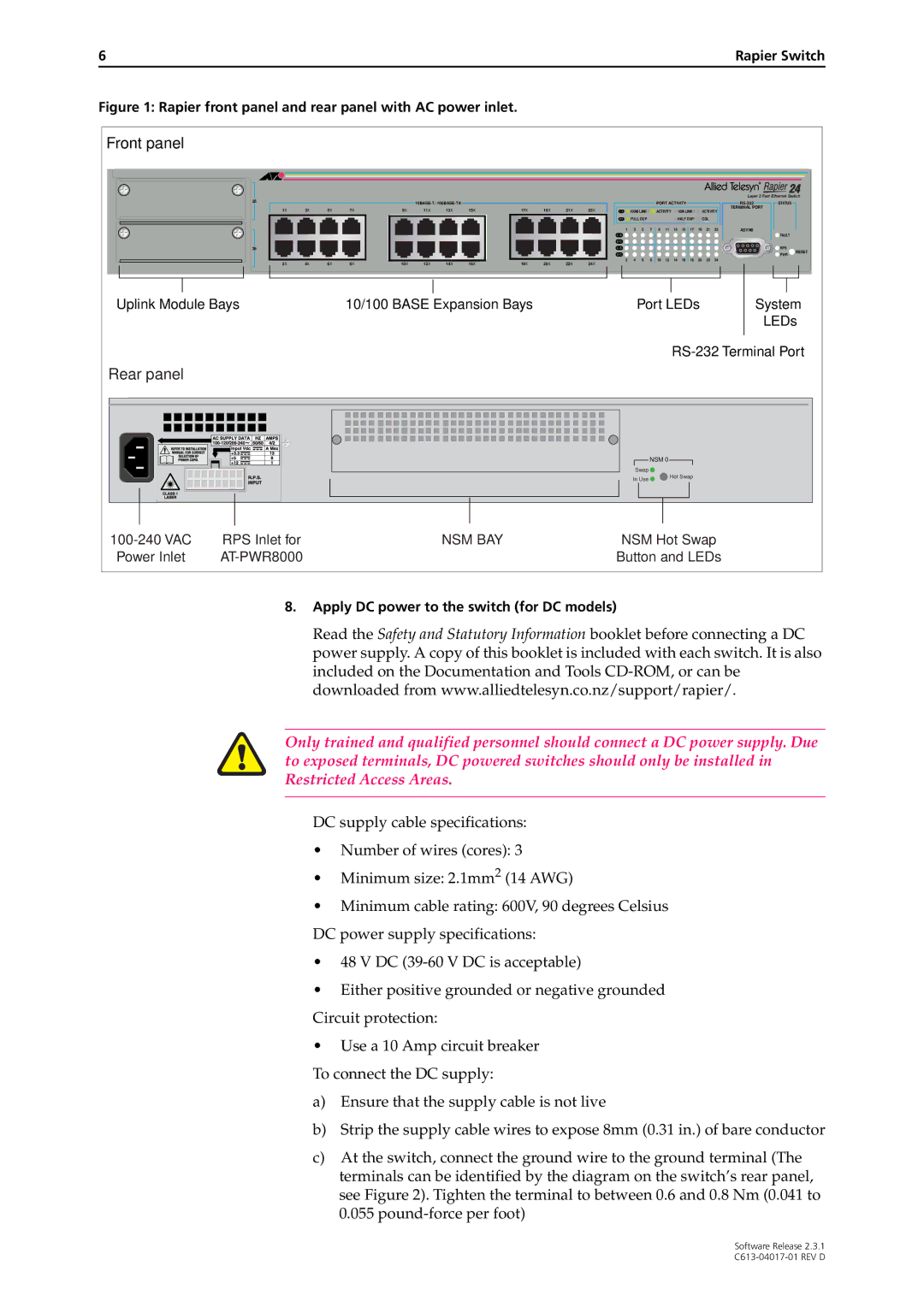 Allied Telesis Rapier Switch manual Rear panel 