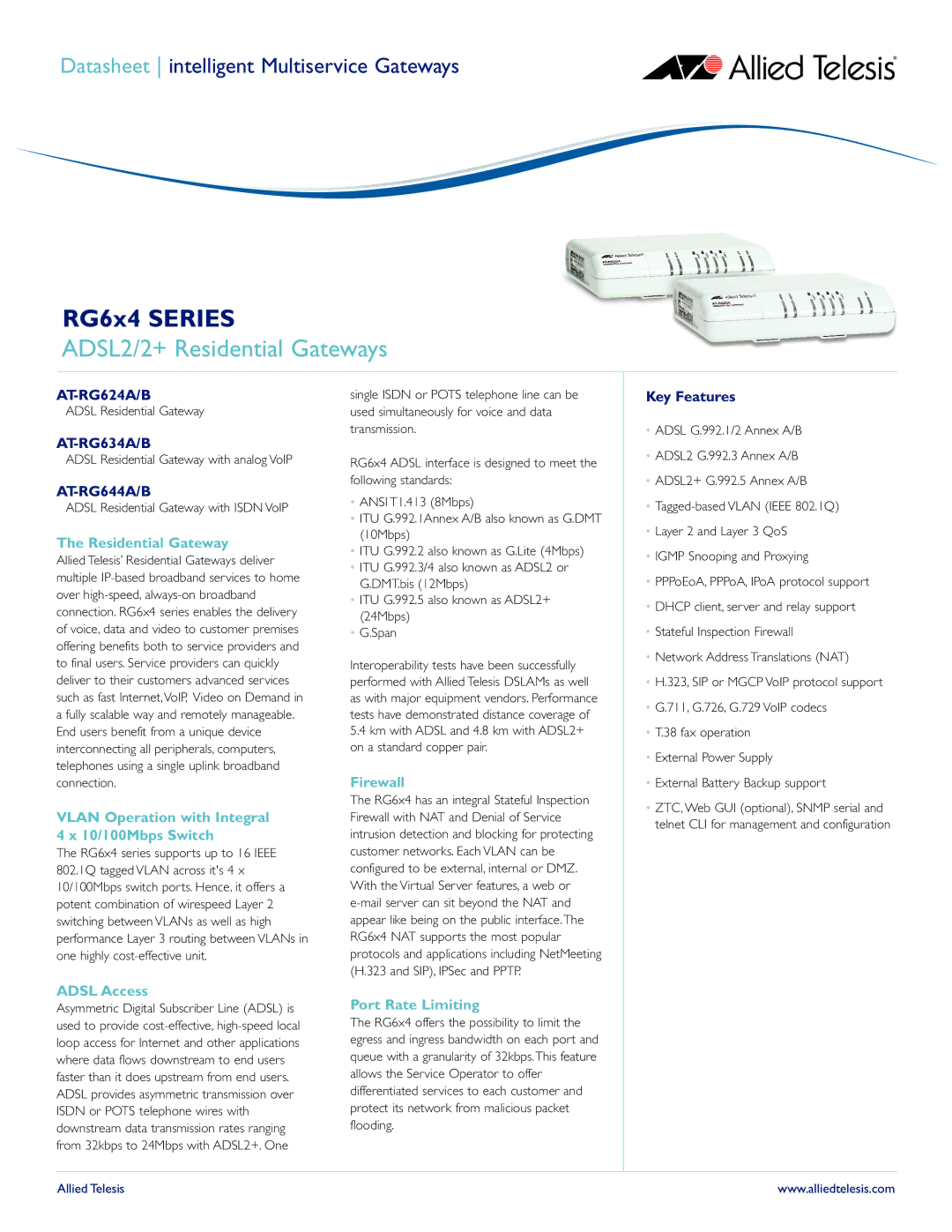 Allied Telesis RG6x4 Series user service Residential Gateway, Vlan Operation with Integral 4 x 10/100Mbps Switch, Firewall 