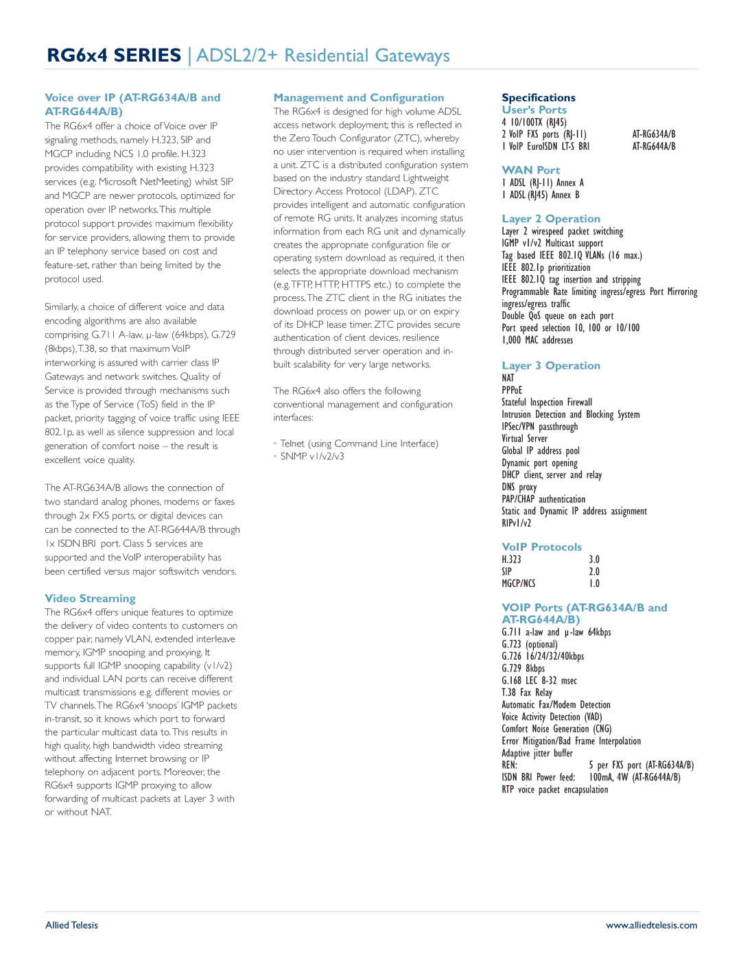 Allied Telesis RG6x4 Series Voice over IP AT-RG634A/B and AT-RG644A/B, Video Streaming, Management and Configuration 