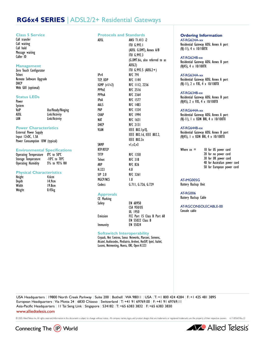 Allied Telesis RG6x4 Series Class 5 Service, Management, Status LEDs, Power Characteristics, Environmental Specifications 