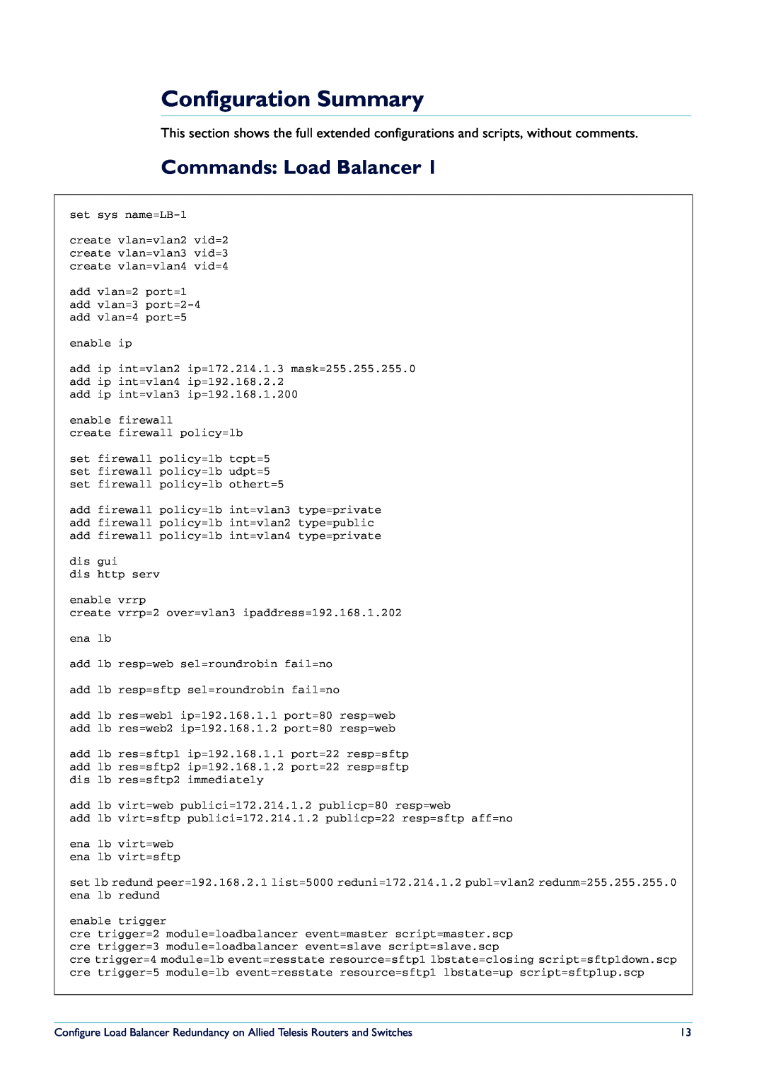 Allied Telesis Routers and Switches manual Configuration Summary, Commands Load Balancer 