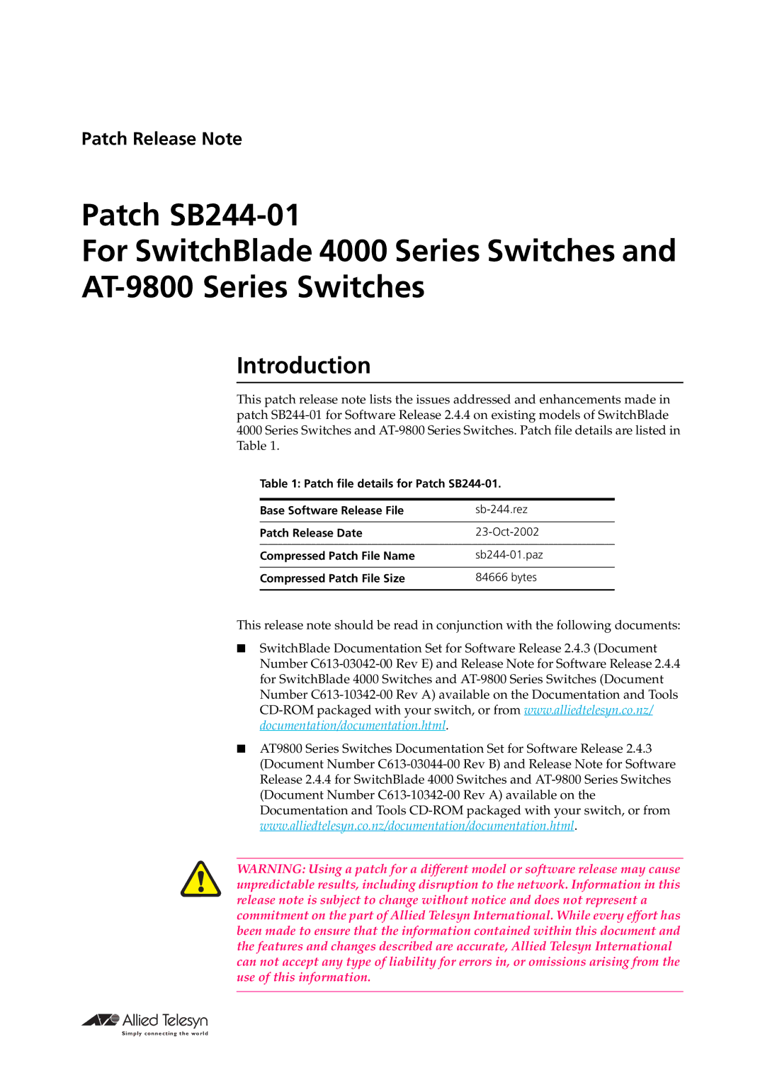 Allied Telesis SB244-01 manual Introduction 