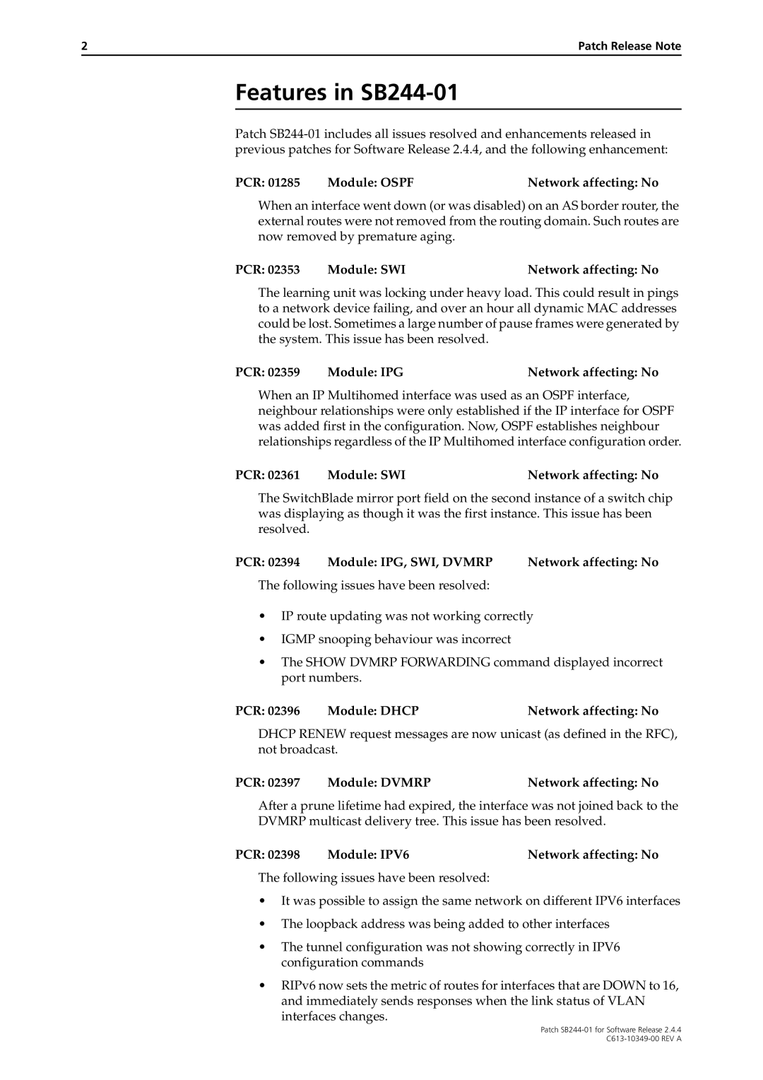 Allied Telesis manual Features in SB244-01 