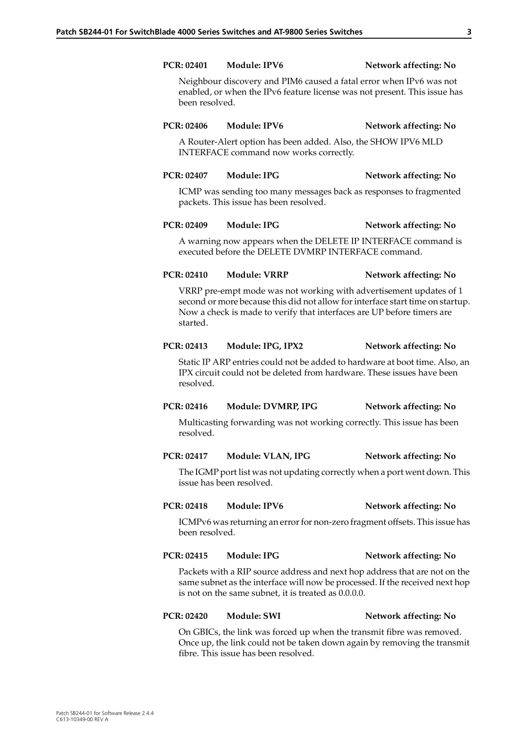 Allied Telesis SB244-01 manual PCR Module IPG Network affecting No Module Vrrp, PCR Module IPG, IPX2 Network affecting No 