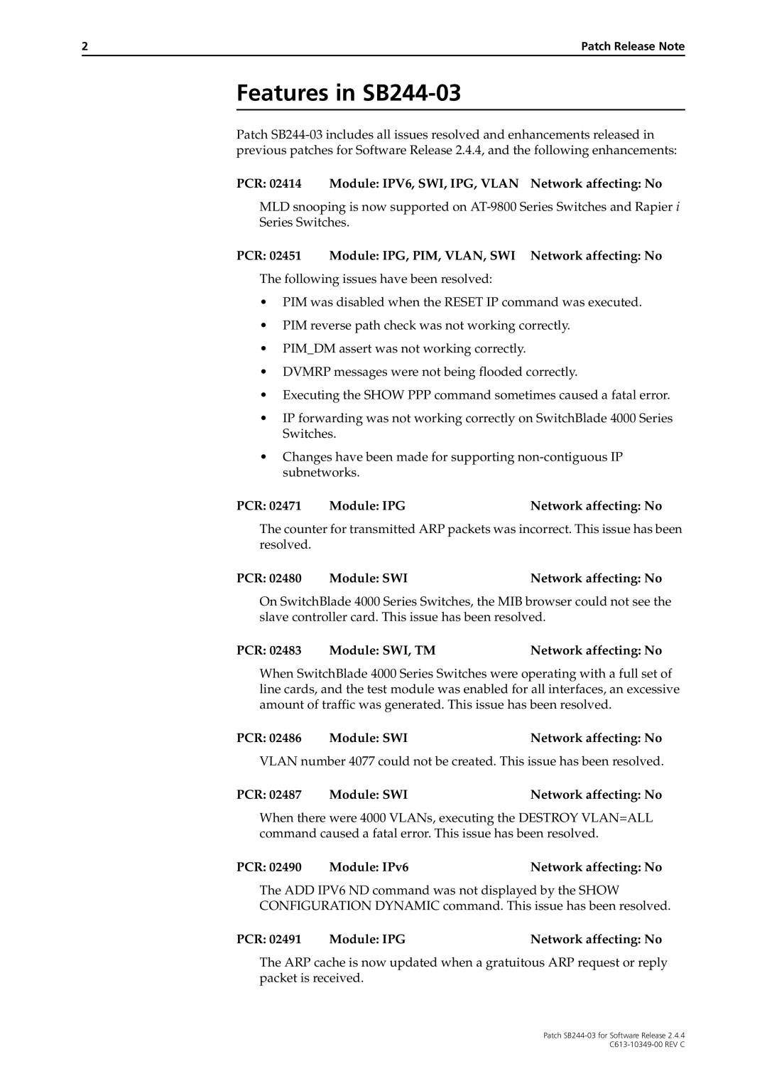 Allied Telesis manual Features in SB244-03 