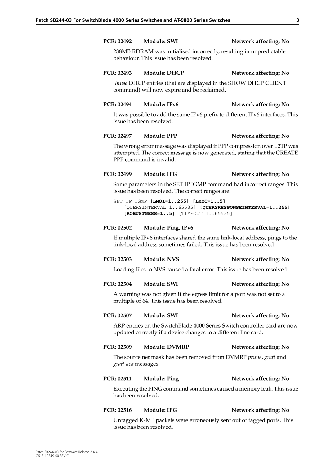 Allied Telesis SB244-03 manual PCR 02499 Module IPGNetwork affecting No, PCR 02502 Module Ping, IPv6Network affecting No 