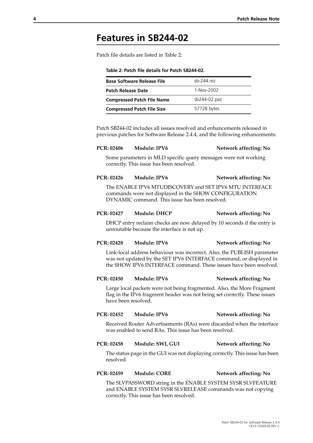 Allied Telesis SB244-03 manual Features in SB244-02, PCR 02427 Module Dhcp Network affecting No 