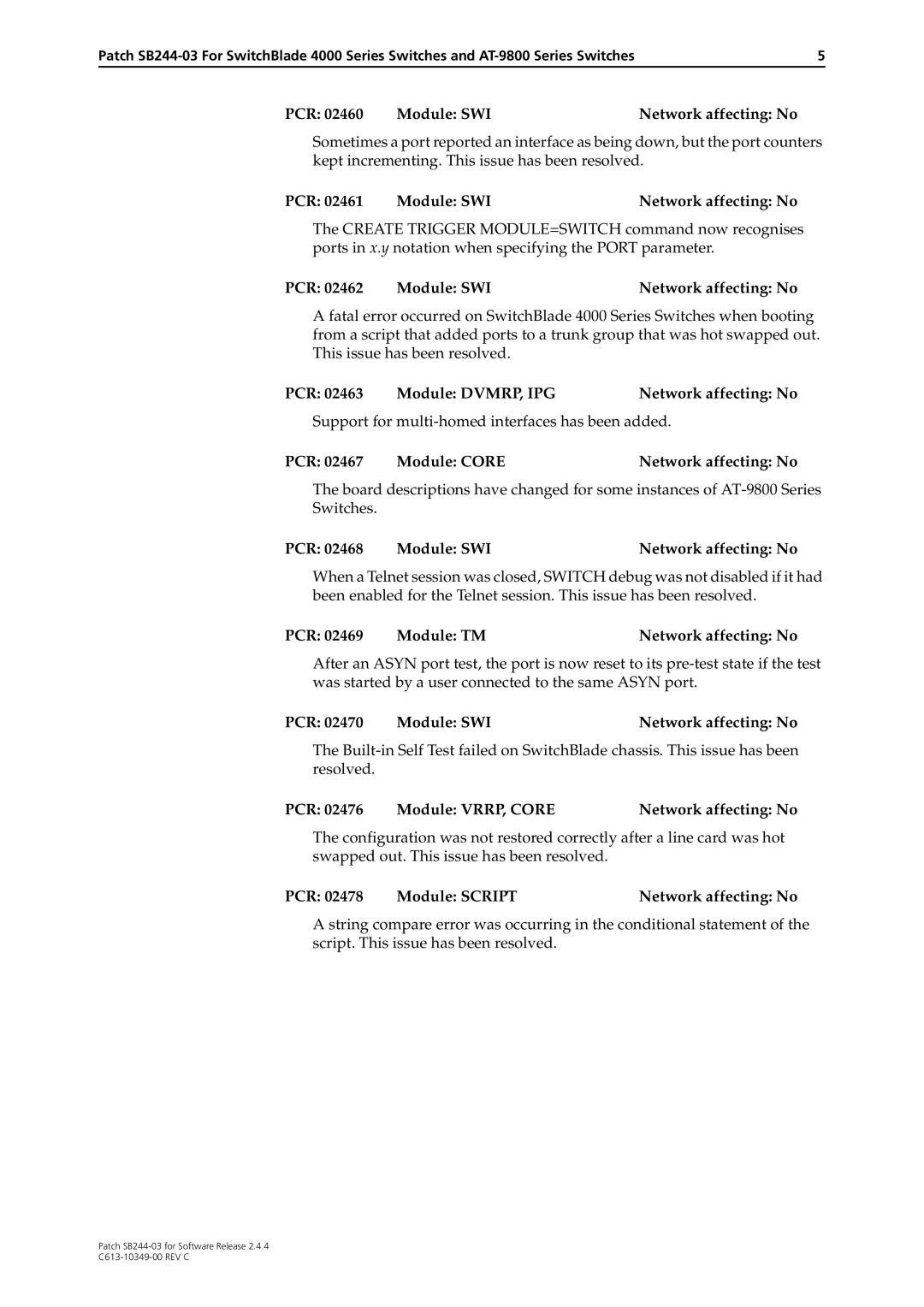 Allied Telesis SB244-03 manual PCR 02460 Module SWINetwork affecting No, PCR 02461 Module SWINetwork affecting No 