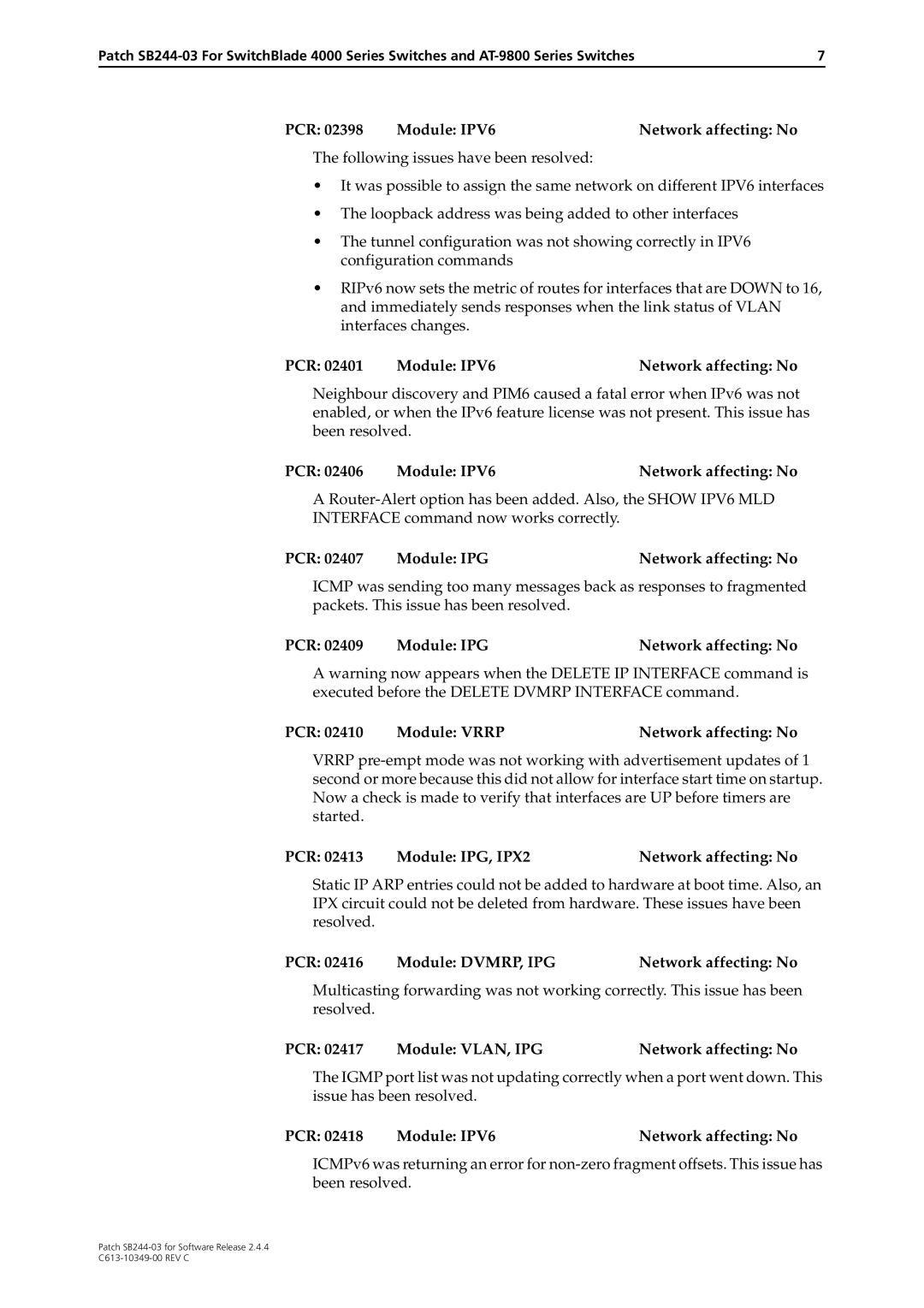 Allied Telesis SB244-03 manual PCR Module IPG Network affecting No Module Vrrp, PCR Module IPG, IPX2 Network affecting No 