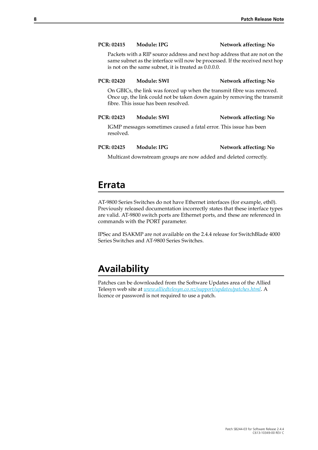 Allied Telesis SB244-03 manual Errata, Availability 