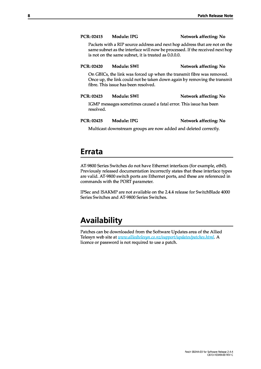 Allied Telesis SB244-03 manual Errata, Availability 