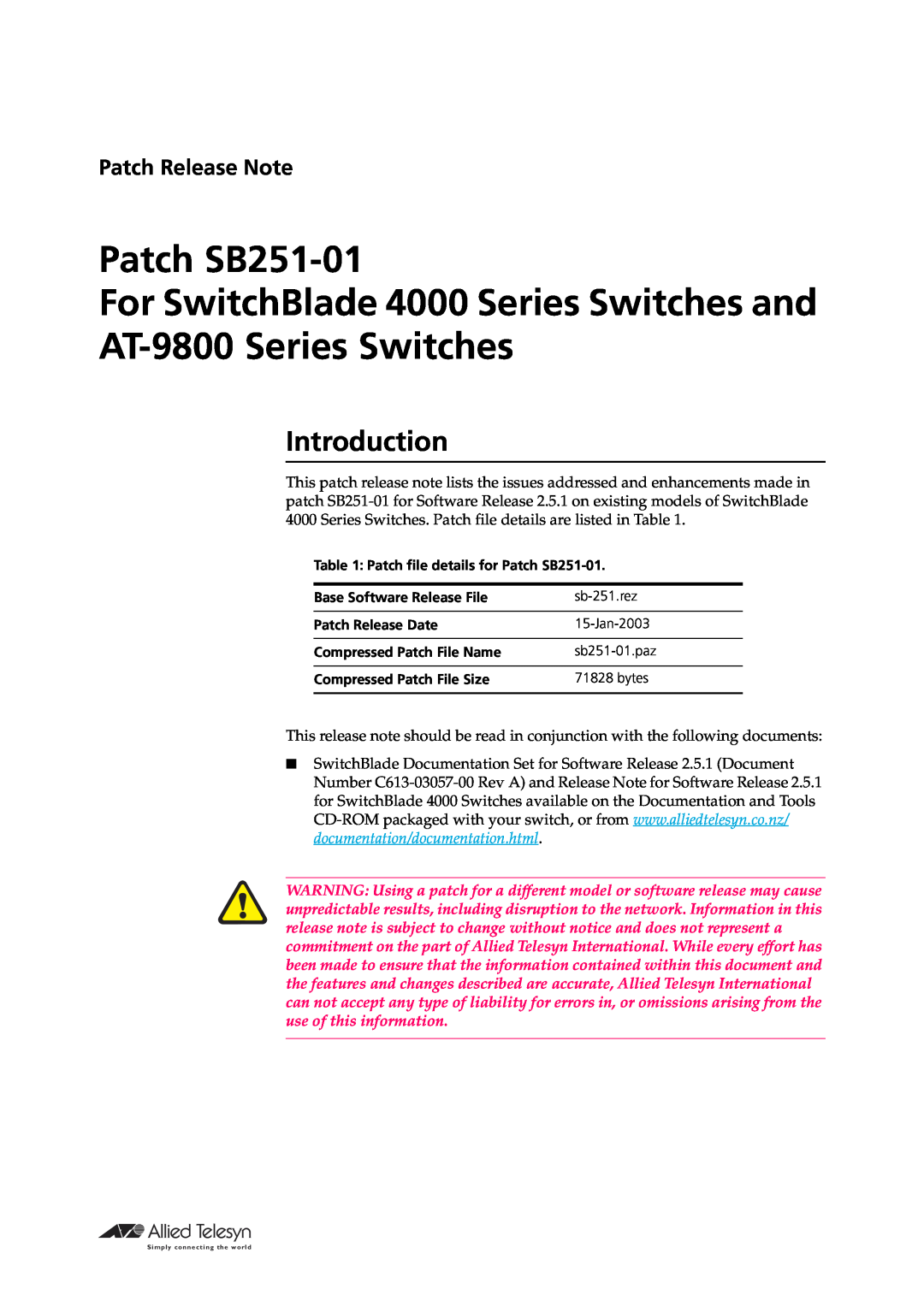 Allied Telesis manual Introduction, Patch SB251-01 For SwitchBlade 4000 Series Switches and, AT-9800 Series Switches 
