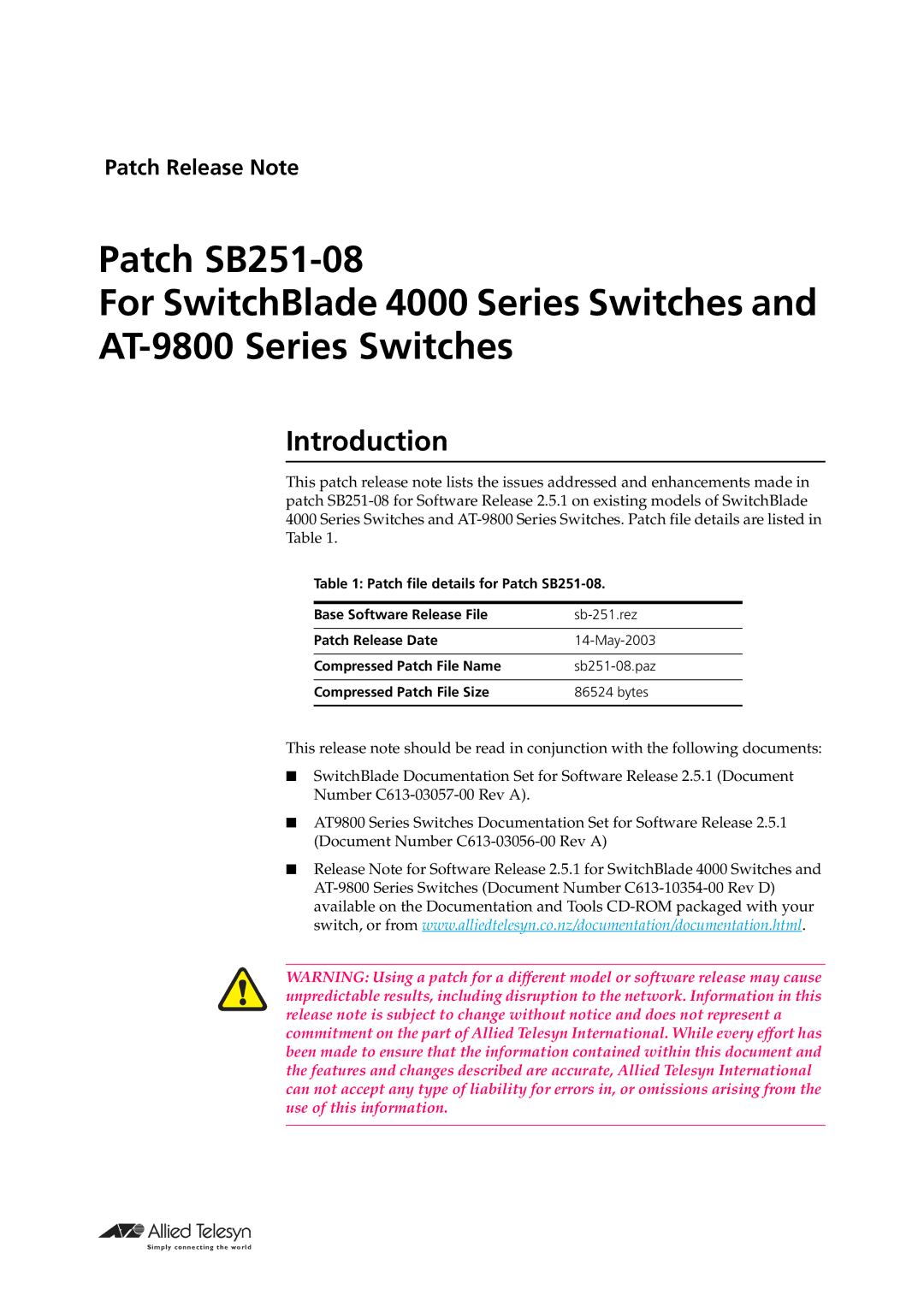 Allied Telesis SB251-08 manual Introduction 