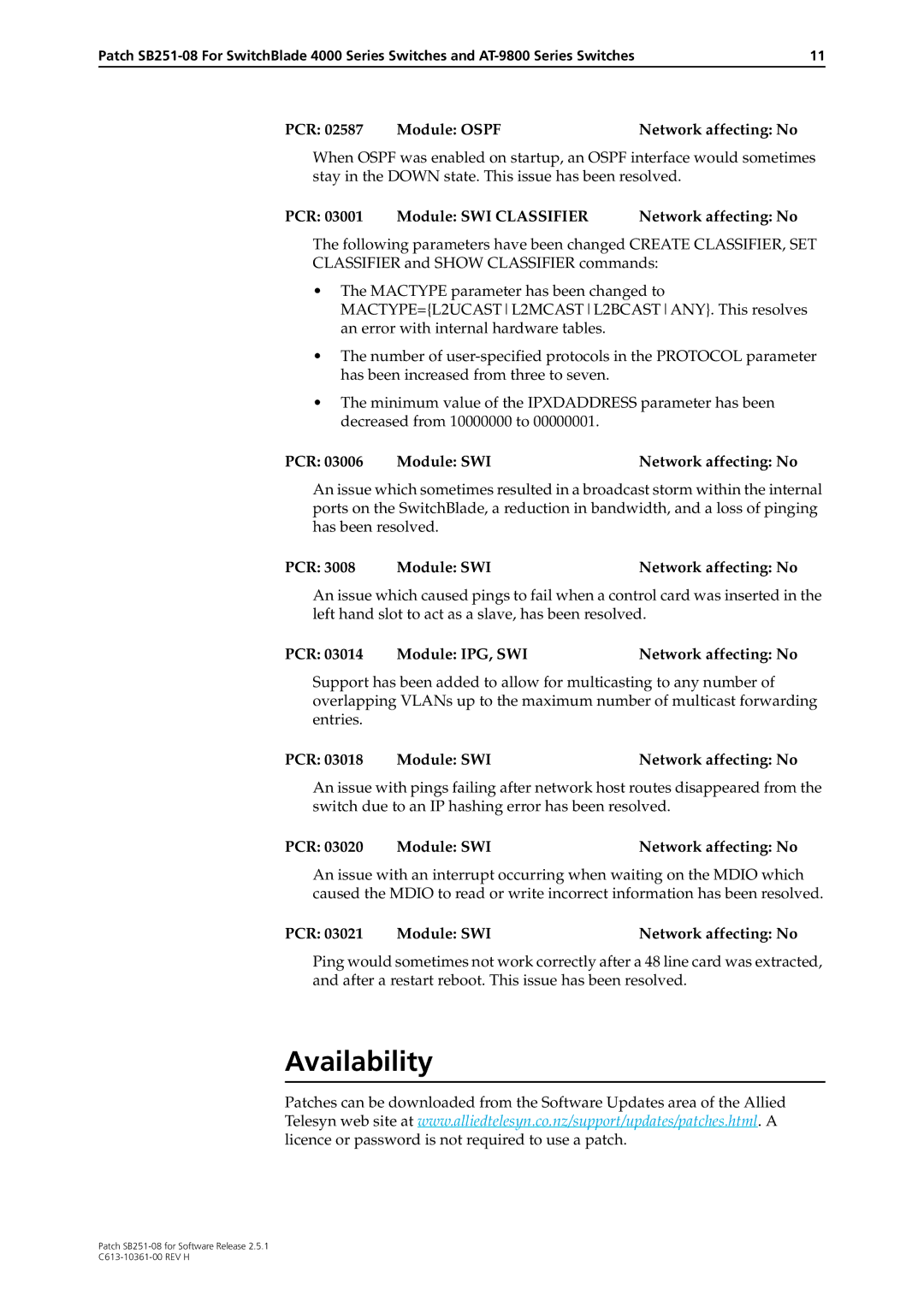 Allied Telesis SB251-08 Availability, PCR Module Ospf Network affecting No, PCR Module SWI Classifier Network affecting No 