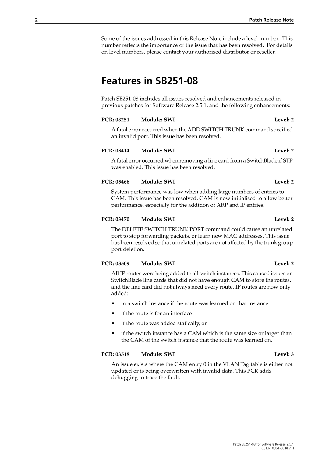 Allied Telesis manual Features in SB251-08, PCR Module SWI Level 