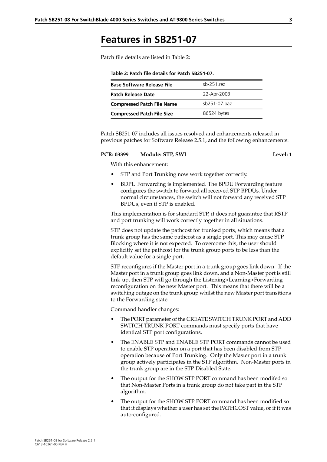 Allied Telesis SB251-08 manual Features in SB251-07, PCR Module STP, SWI Level 