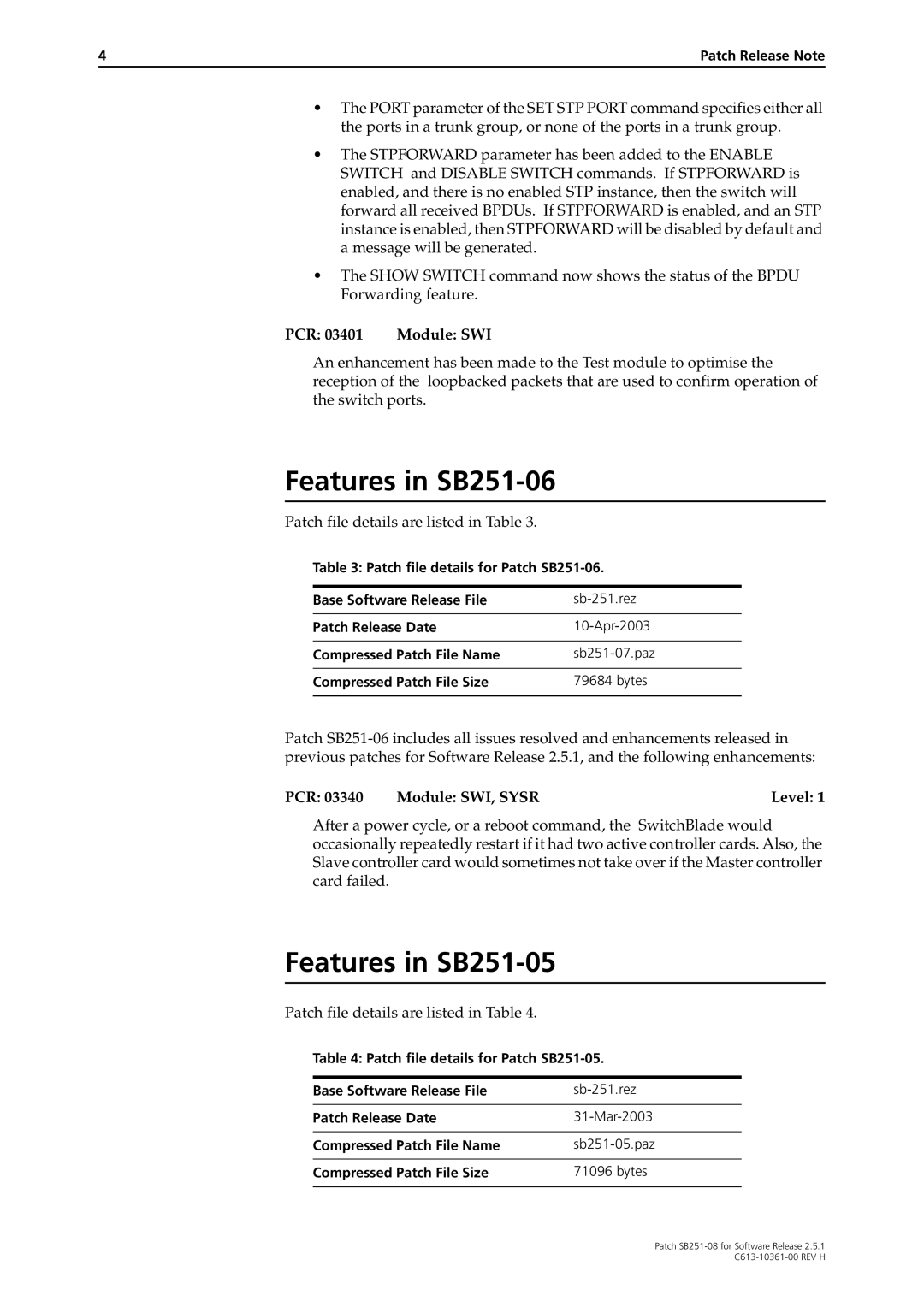 Allied Telesis SB251-08 manual Features in SB251-06, Features in SB251-05, PCR Module SWI, Sysr Level 