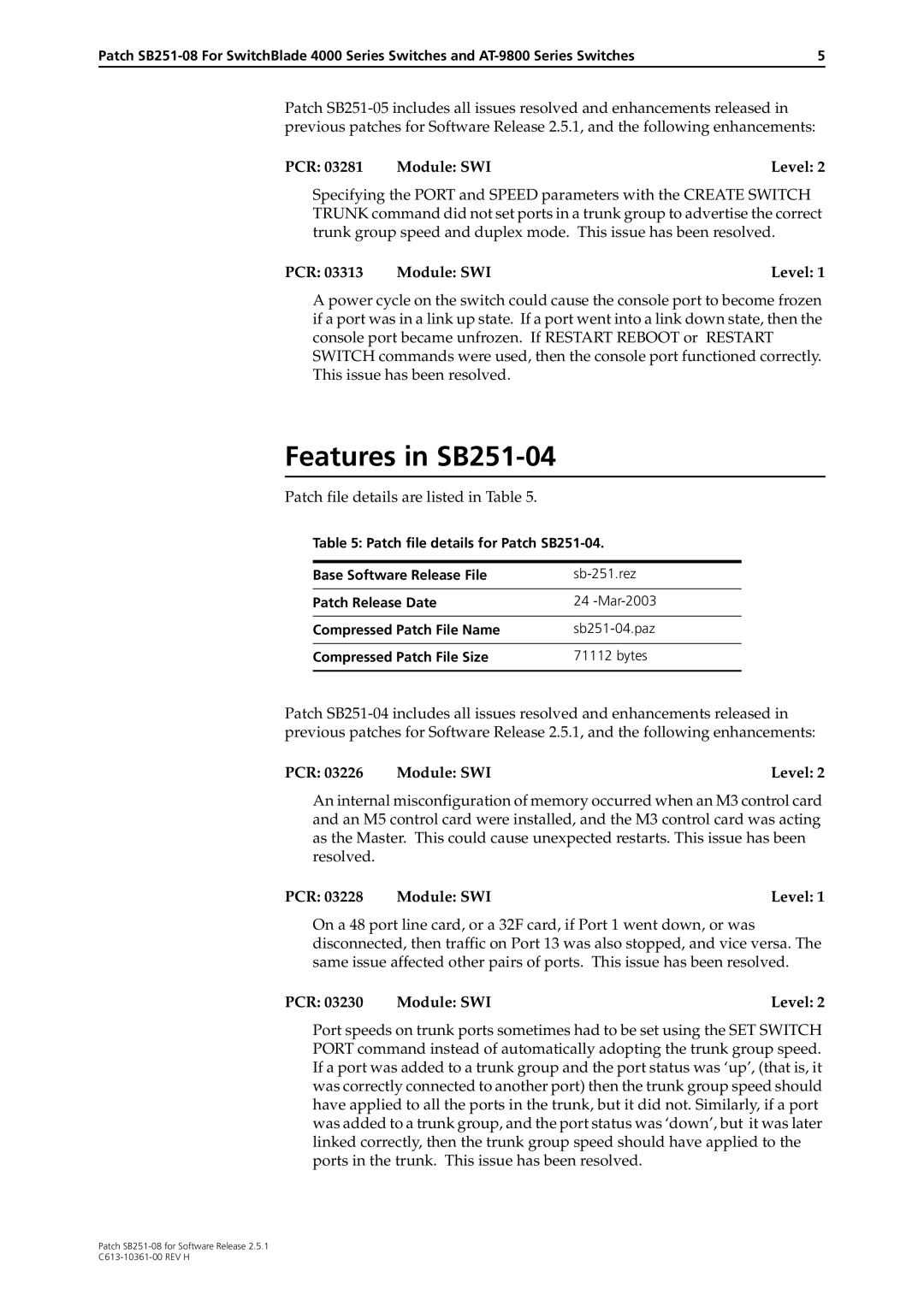 Allied Telesis SB251-08 manual Features in SB251-04, PCR Module SWI Level 