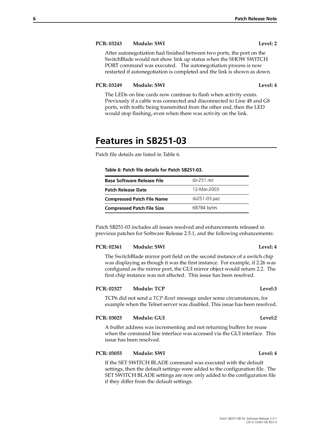 Allied Telesis SB251-08 manual Features in SB251-03, PCR Module TCP Level3, PCR Module GUI Level2 