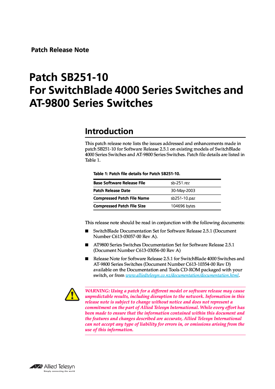 Allied Telesis manual Introduction, Patch SB251-10 For SwitchBlade 4000 Series Switches and, AT-9800 Series Switches 