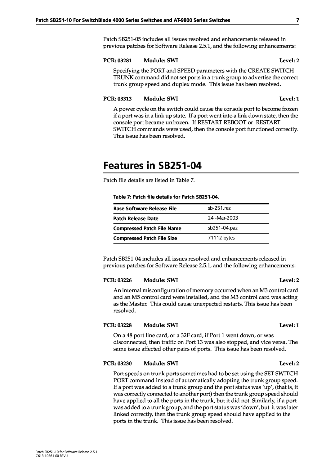 Allied Telesis SB251-10 manual Features in SB251-04, sb-251.rez, Mar-2003, sb251-04.paz, bytes 