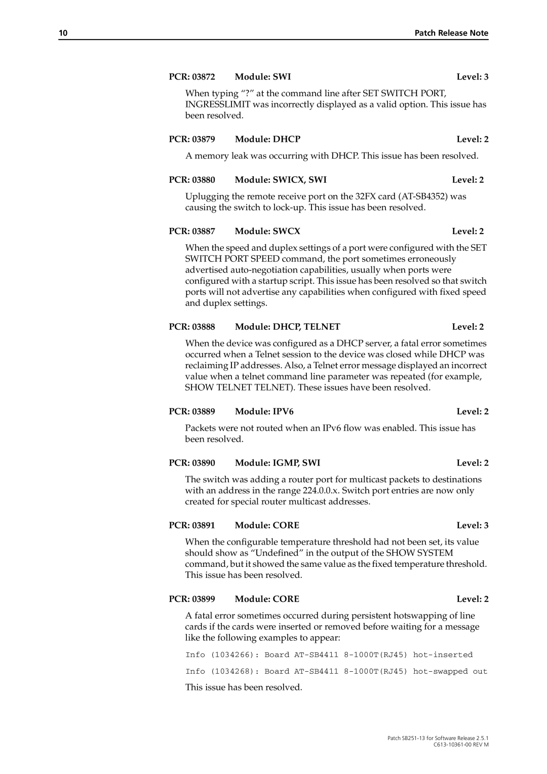 Allied Telesis SB251-13 manual PCR 03879 Module Dhcp Level, PCR Module SWICX, SWI Level, PCR 03887 Module Swcx Level 