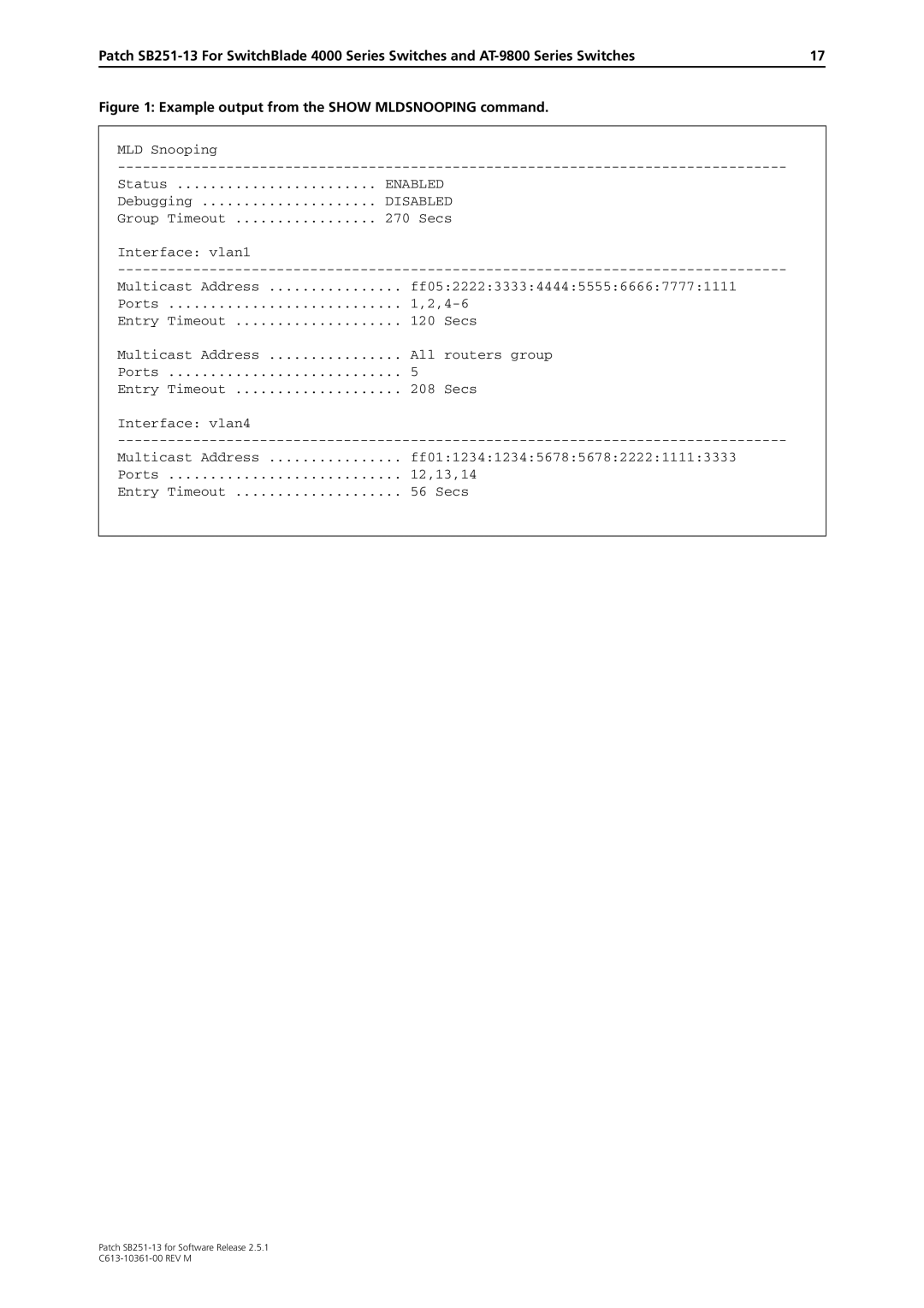 Allied Telesis SB251-13 manual Example output from the Show Mldsnooping command 